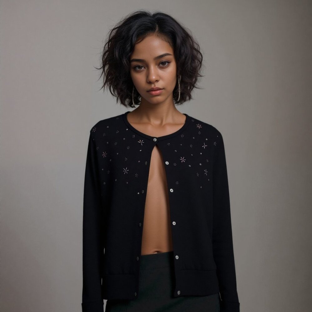 Vintage Y2K Iridescent Bead Black Chelsea Niles Cardigan Size L